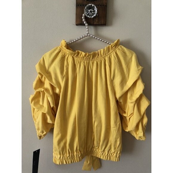 NWT Habitual Kid Girls Size 14 Yellow Blouse Layered Sleeve Tie Front - Picture 4 of 7